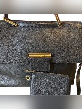 Furla Black Leather Tote Handbag with Gold Hardware With Matching Coin Pouch
